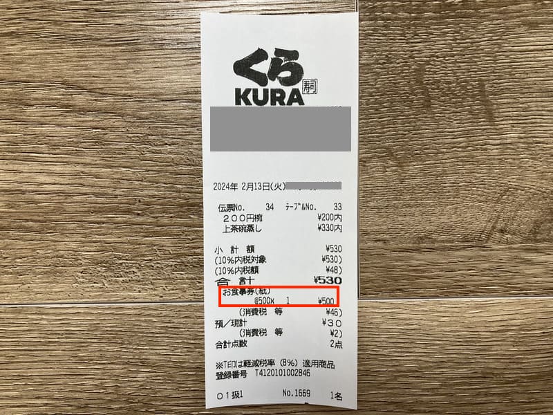 くら寿司でお食事券を使ったときのレシート